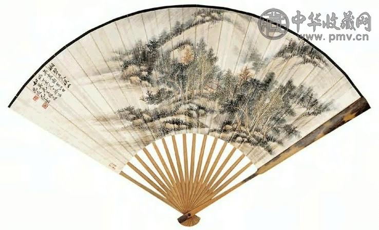 尤小云 袁希濂 1947年作 山水 草书 成扇 设色纸本