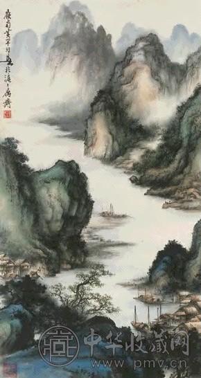 黄幻吾 山中渔村图 镜心 设色纸本