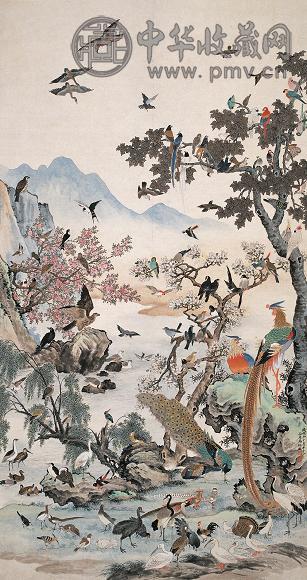马骀 1928年作 百鸟朝凤图 立轴 设色纸本