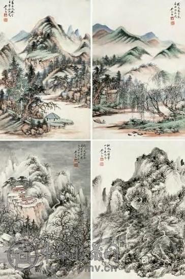 吴琴木 山水人物 四屏