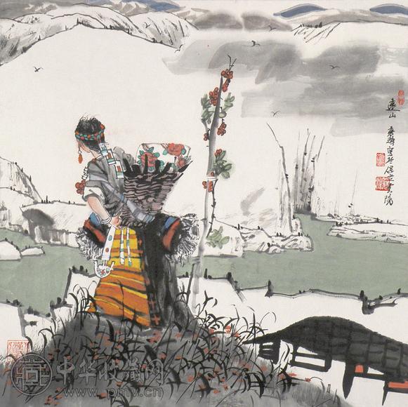 袁辉 远山 镜心 纸本