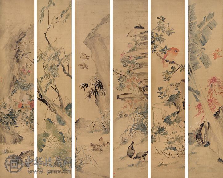 张兆祥 花鸟 六屏 设色绢本