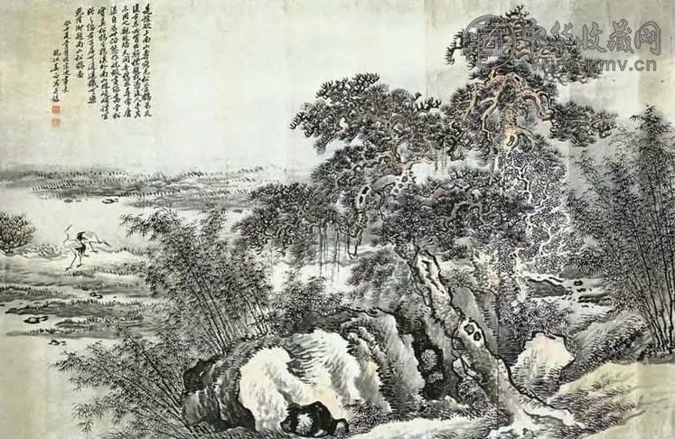 姜筠 现代 南山松鹤图 镜心