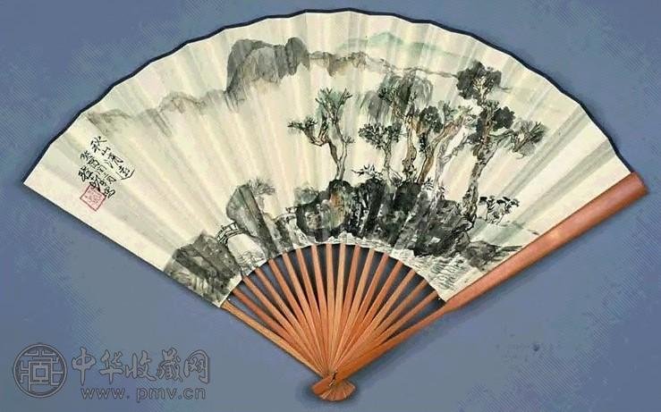 程十发 1993年作 秋山清远图 扇面 设色纸本