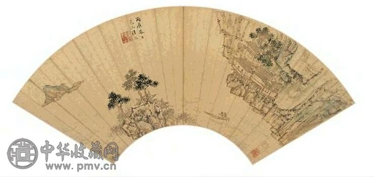 陆治 1556年作 山水 扇面 设色金笺