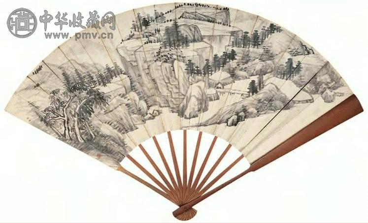 高邕之 张厉生 水墨山水 书法 成扇 水墨纸本