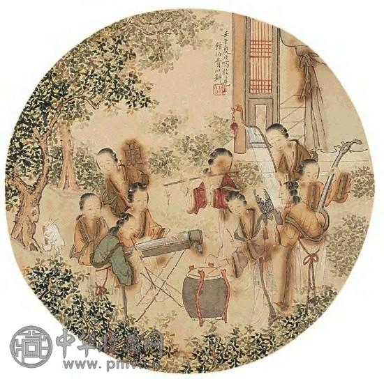 费以耕 1882年作 音韵悠扬 圆光 设色纸本