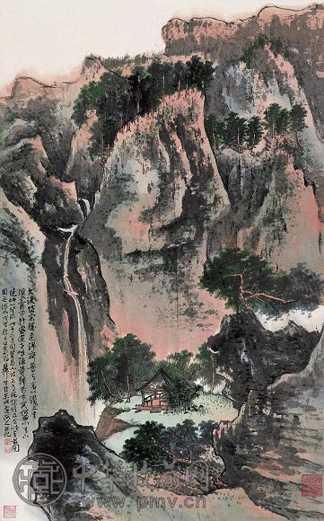 谢稚柳 戊辰(1988年)作 幽谷飞泉 立轴 设色纸本