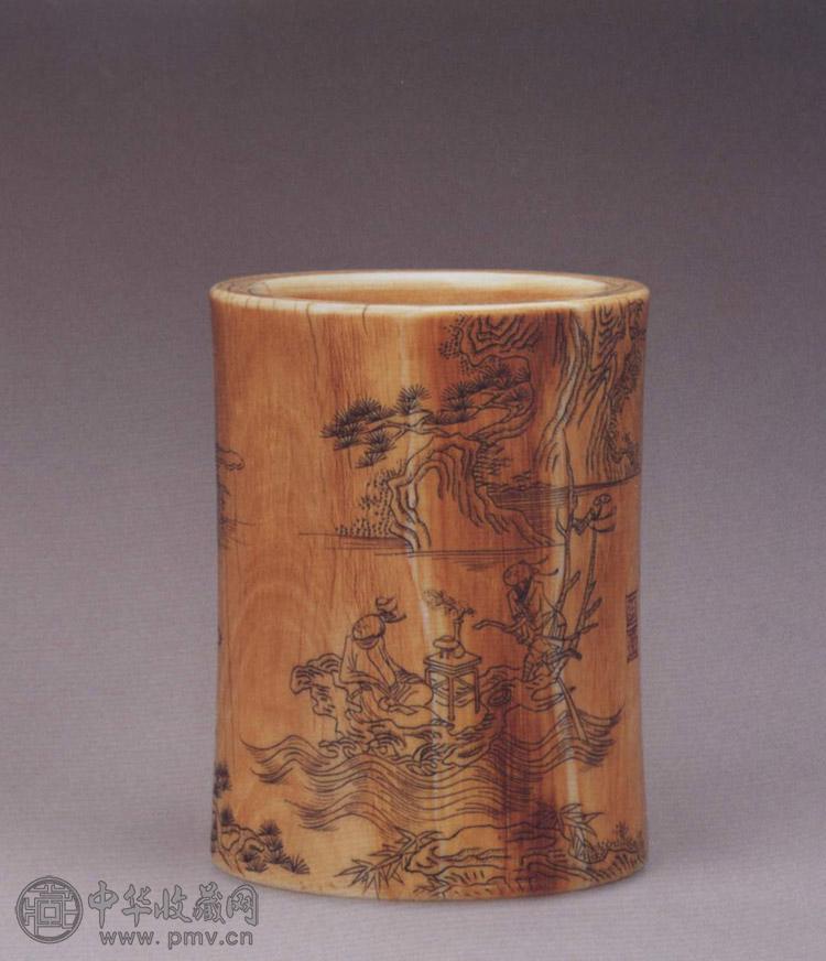 清中期 象牙浅刻张謇乘槎图笔筒