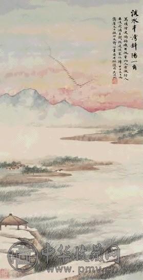 吴湖帆 1944年作 流水半湾斜阳一角 立轴 设色纸本