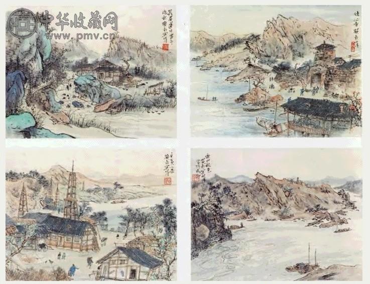 近代 关山月 四川诸景 镜心(8选4)