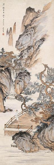 吴熙曾 庚辰(1940年)作 溪山观瀑图 轴 设色纸本