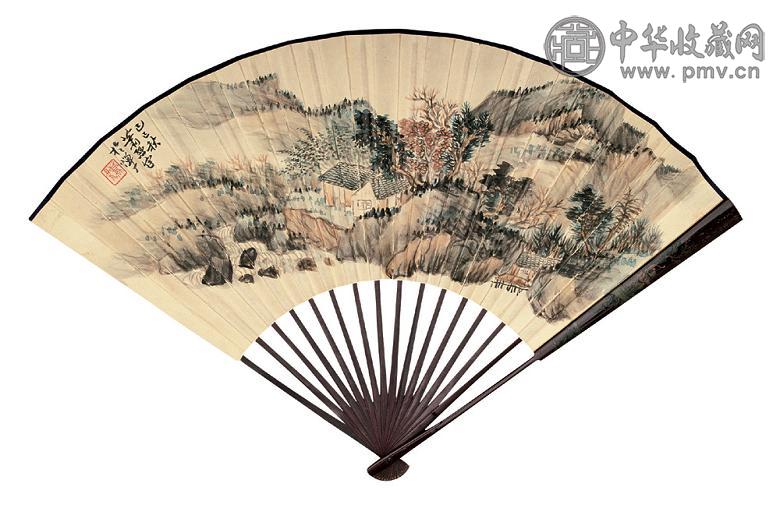 萧愻 丁佛言 山居图 金文 成扇 设色纸本