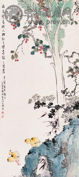 胡汀鹭 夏日庭趣图 立轴 设色纸本