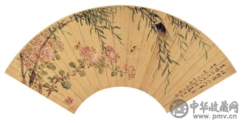 刘德六 壬申(1872年)作 草虫花卉 扇面 设色金笺