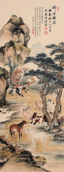 溥僴 八骏图 立轴 设色纸本