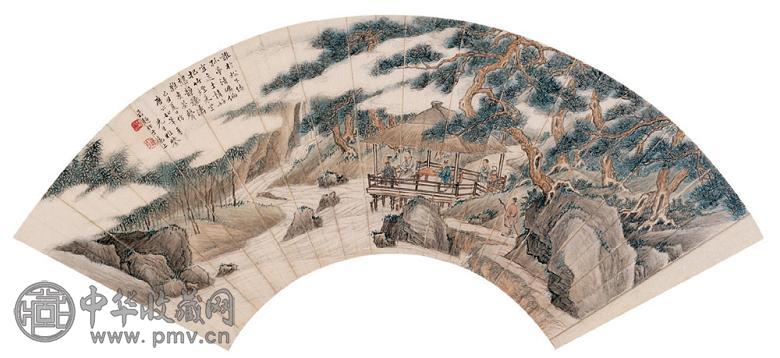 陈达 1925年作 溪亭品茶 镜心 设色扇面