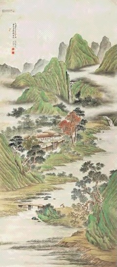 彭旸 1805年作 青绿山水 立轴 设色纸本