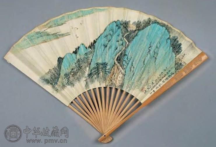 贺天健 1945年作 影照平湖图 扇面 设色纸本