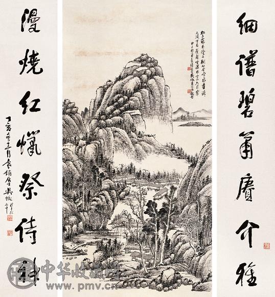 吴待秋 1924年作 山居图并联 立轴 水墨纸本