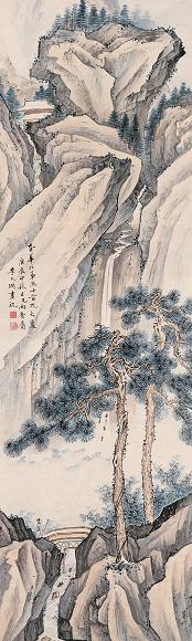 李文渊 庚辰(1940年)作 松壑鸣泉 立轴 设色纸本