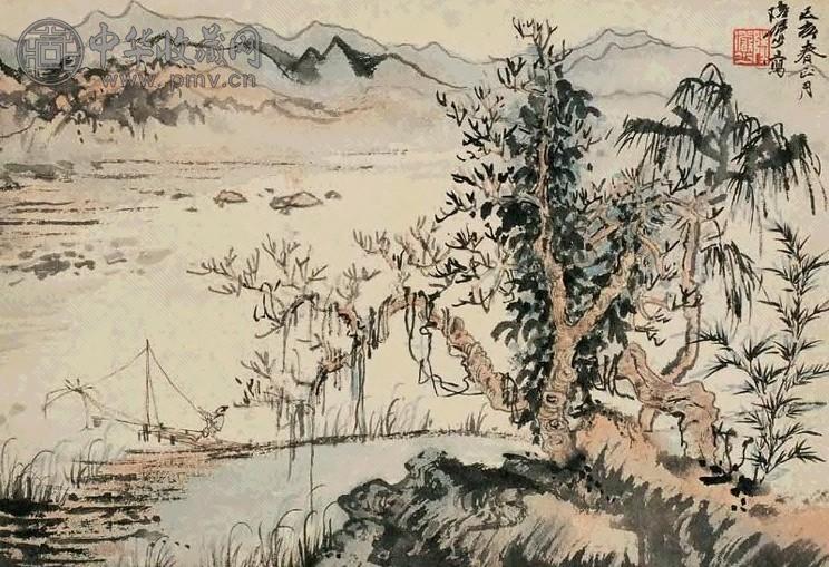 陆俨少 1959年作 渔父图 立轴 设色纸本