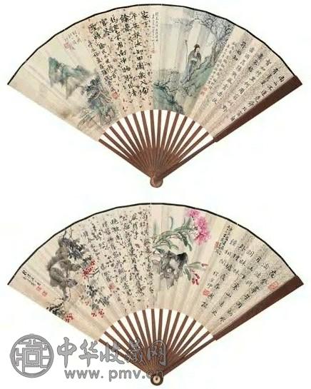 汪锟 叶曼叔 郑集宾等 书画集锦 成扇 设色纸本