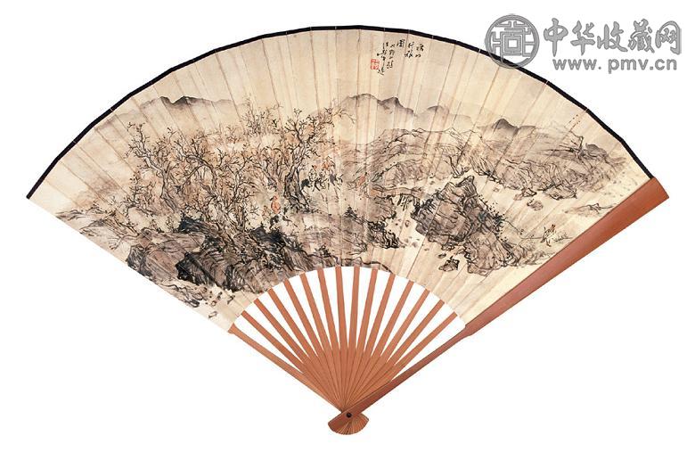 汪声远 秋山行旅图 成扇 设色纸本