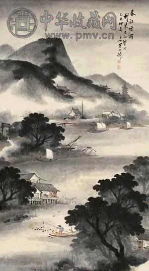 吴石僊 乙巳(1905年)作 春江烟雨 立轴 设色纸本