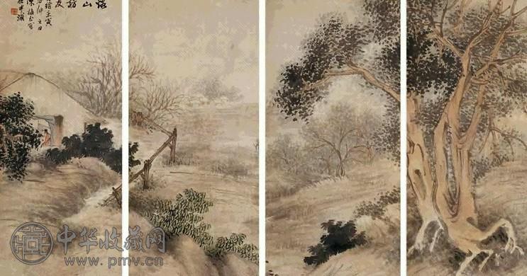 陈瑛 1902年作 溪山访友图 四屏 设色纸本