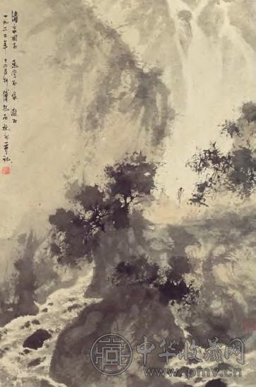 现代 傅抱石 溪边对语 镜心