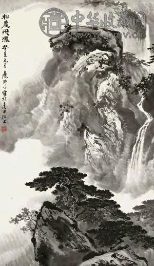 应野平 1983年作 松崖飞瀑 立轴 水墨纸本