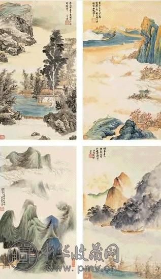 胡若思 癸未(1943)年作 山明水秀 四件 屏轴 设色纸本