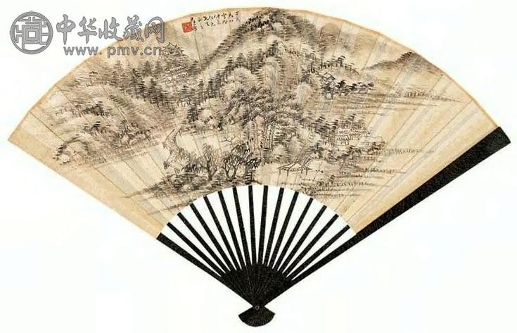 蒋朔 乙亥(1875)年作 夏山幽阁 成扇 水墨笺本