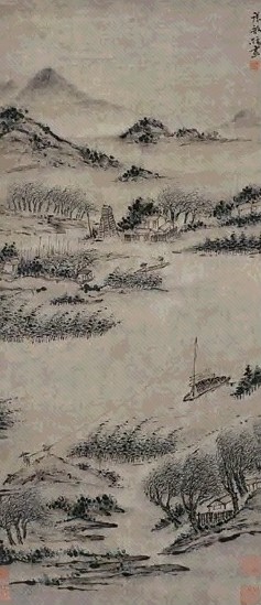 张敔 雨村微雨 立轴 设色纸本