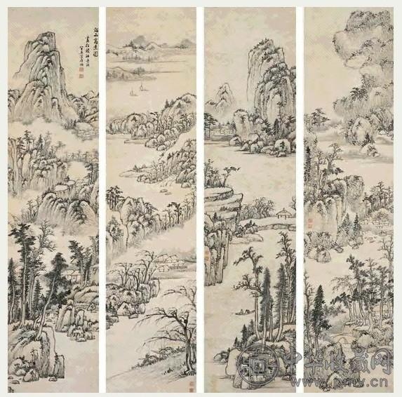 罗屏 溪山高远 屏条 设色纸本