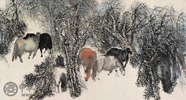 彭先诚 辛巳(2001年)作 秋郊牧马 镜心 设色纸本