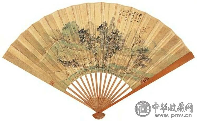 顾澐 矮坡小亭 扇面 设色笺本