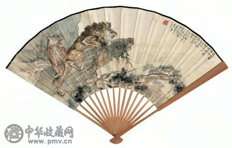 蔡鹤汀 1941年作 双狮图 成扇 设色纸本