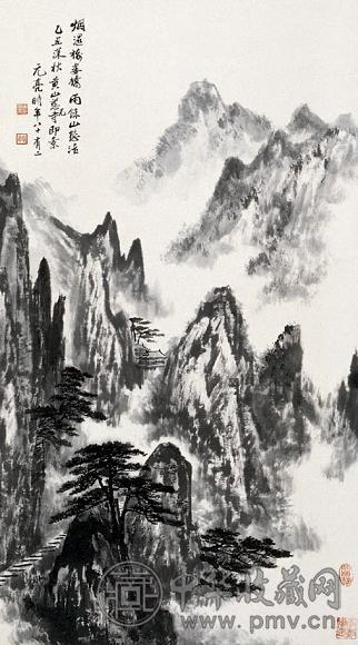 周元亮 黄山慈光寺 立轴 设色纸本