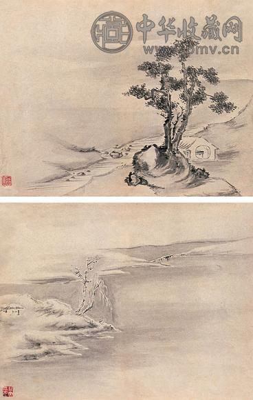 蒋荠山 山水册页 册页(2开) 水墨纸本