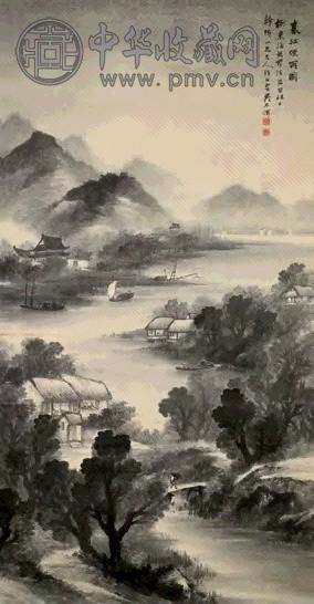 吴石僊 1889年作春江烟雨图立轴水墨纸本