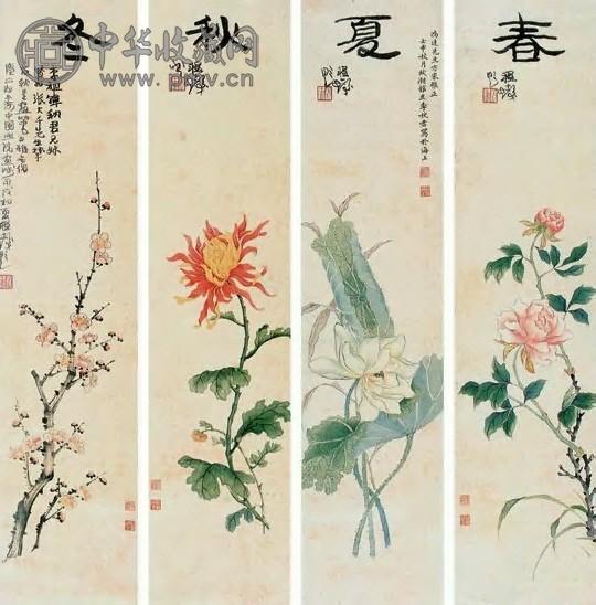 李秋君 近现代 牡丹、荷花、菊花、梅花图 四屏