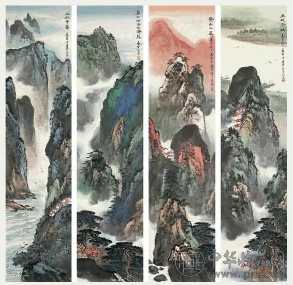 应野平 1980年作 山水 四屏 设色纸本