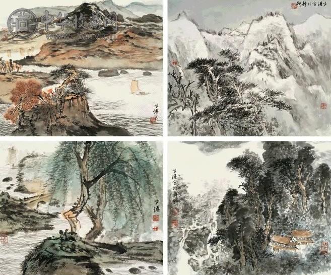 罗步臻 四景山水(4张) 镜片 设色纸本