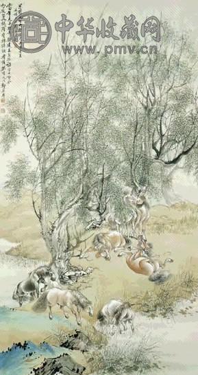 近代 郑集宾 柳荫八骏 轴