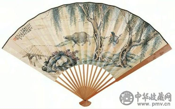 熊松泉 1930年作 耕牧图 扇面 设色纸本