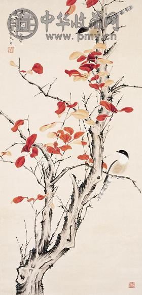 俞致贞 霜叶双鸟轴 立轴 设色纸本