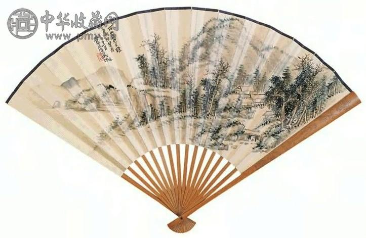 吴徵 1933年作 溪桥茅舍 扇面 设色纸本