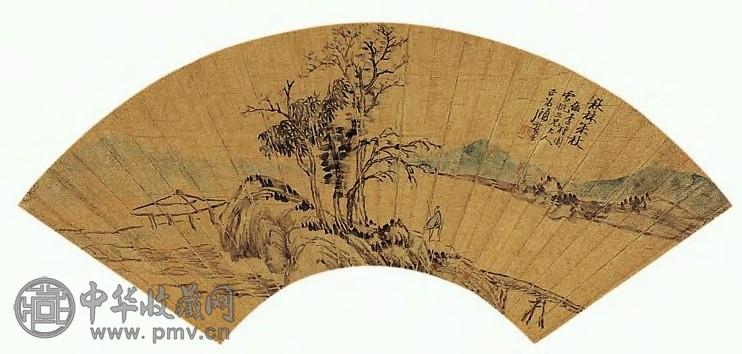 近现代 顾麟士 秋林策杖 扇面